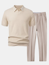 Wave Jacquard Knit V Neck Polo Shirt & Slim Fit Tapered Trousers — North Row | Front View