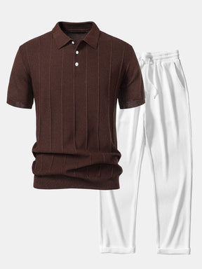 Stripe Jacquard Knit Polo Shirt & Straight Leg Ribbed Pants — North Row | Lifestyle