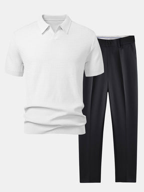 Wave Jacquard Knit V Neck Polo Shirt & Slim Fit Tapered Trousers — North Row | Back View