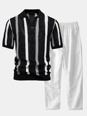 Stripe Knit V Neck Polo Shirt & Straight Leg Linen Pants — North Row | Side View
