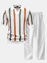 Stripe Knit V Neck Polo Shirt & Straight Leg Linen Pants — North Row | Front View