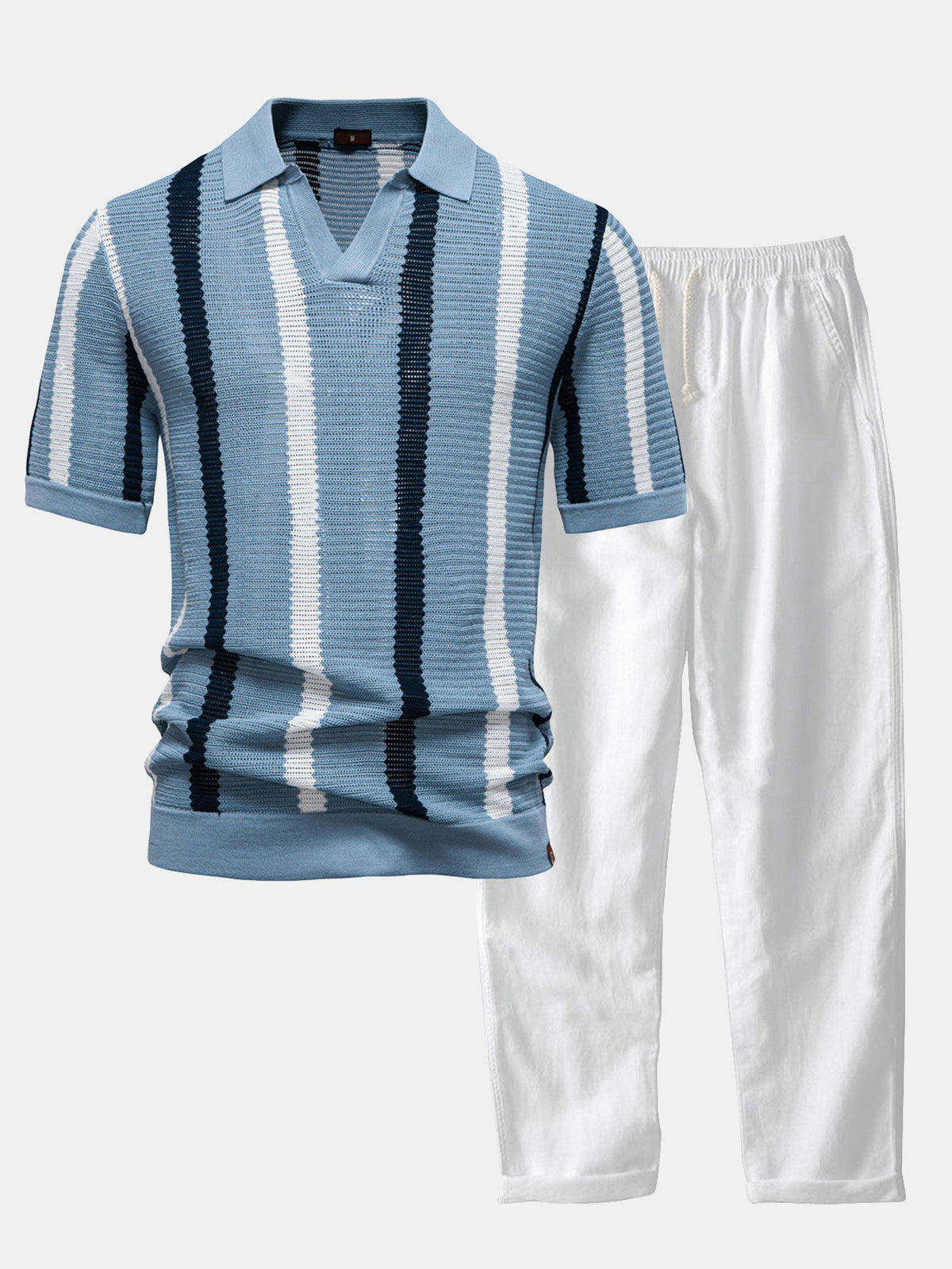 Stripe Knit V Neck Polo Shirt & Straight Leg Linen Pants — North Row | Close-Up