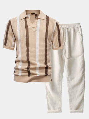 Stripe Knit V Neck Polo Shirt & Straight Leg Linen Pants — North Row | Detail View