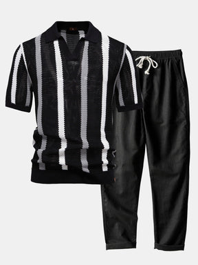 Stripe Knit V Neck Polo Shirt & Straight Leg Linen Pants — North Row | Back View