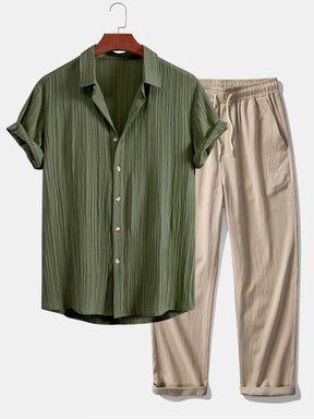 Crinkled Textured Button Up Shirt & Crinkle Textured Straight Leg Pants — North Row | Front View