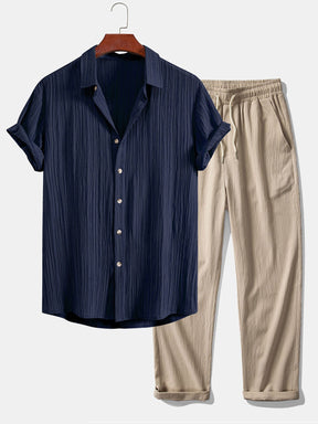 Crinkled Textured Button Up Shirt & Crinkle Textured Straight Leg Pants — North Row | Back View