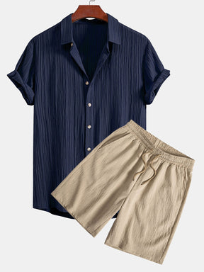 Crinkled Textured Button Up Shirt & Crinkled Textured Drawstring Shorts — North Row | Detail View