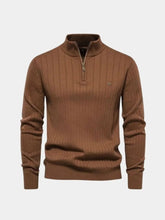 Cotton Knit Vertical Stripes Quarter-Zip Sweater — North Row | Side View
