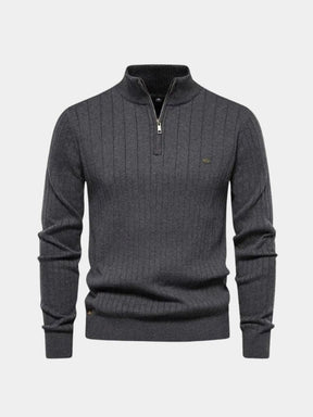 Cotton Knit Vertical Stripes Quarter-Zip Sweater — North Row | Full Length