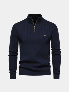 Cotton Knit Vertical Stripes Quarter-Zip Sweater — North Row | Collar Detail