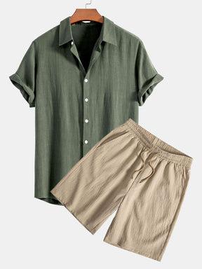Linen Rayon Blend Button Up Shirt & Crinkled Textured Drawstring Shorts — North Row | Side View
