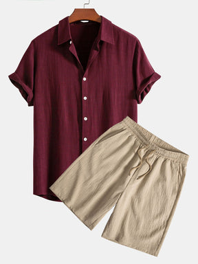 Linen Rayon Blend Button Up Shirt & Crinkled Textured Drawstring Shorts — North Row | Detail View