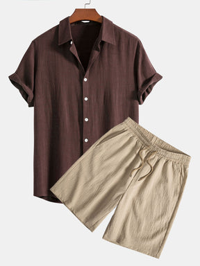 Linen Rayon Blend Button Up Shirt & Crinkled Textured Drawstring Shorts — North Row | Back View