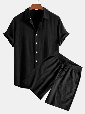 Linen Rayon Blend Button Up Shirt & Crinkled Textured Drawstring Shorts — North Row | Worn Look