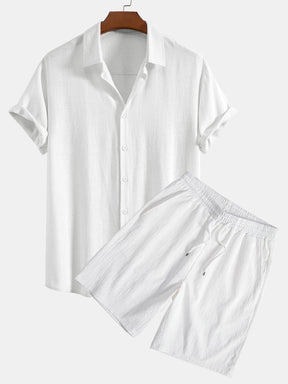 Linen Rayon Blend Button Up Shirt & Crinkled Textured Drawstring Shorts — North Row | Close-Up