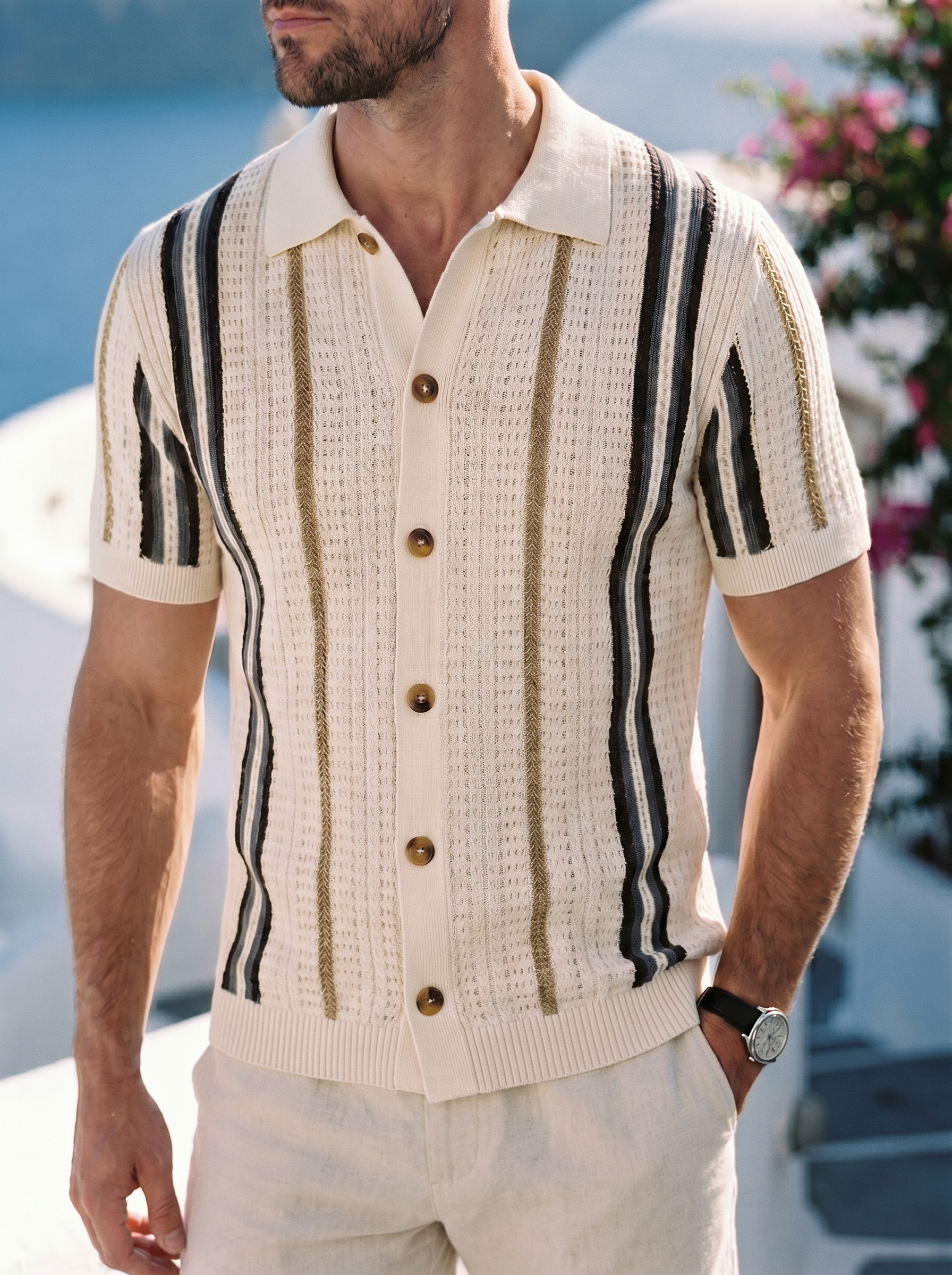 beige knit polo shirt
