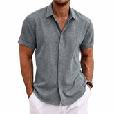 【24-hour shipping out】Men's Solid Color Lapel Cotton Linen Short Sleeve Shirt 82339241X — North Row | Front View
