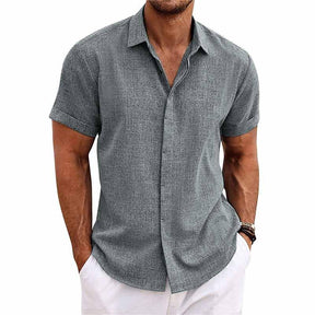 【24-hour shipping out】Men's Solid Color Lapel Cotton Linen Short Sleeve Shirt 82339241X — North Row | Front View