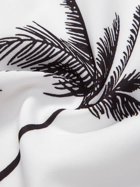 Palm Tree Print Button Up Shirt & Striped Print Swim Shorts — North Row | Close-Up