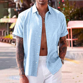 【24-hour shipping out】Men's Solid Color Lapel Cotton Linen Short Sleeve Shirt 82339241X — North Row | Collar Detail