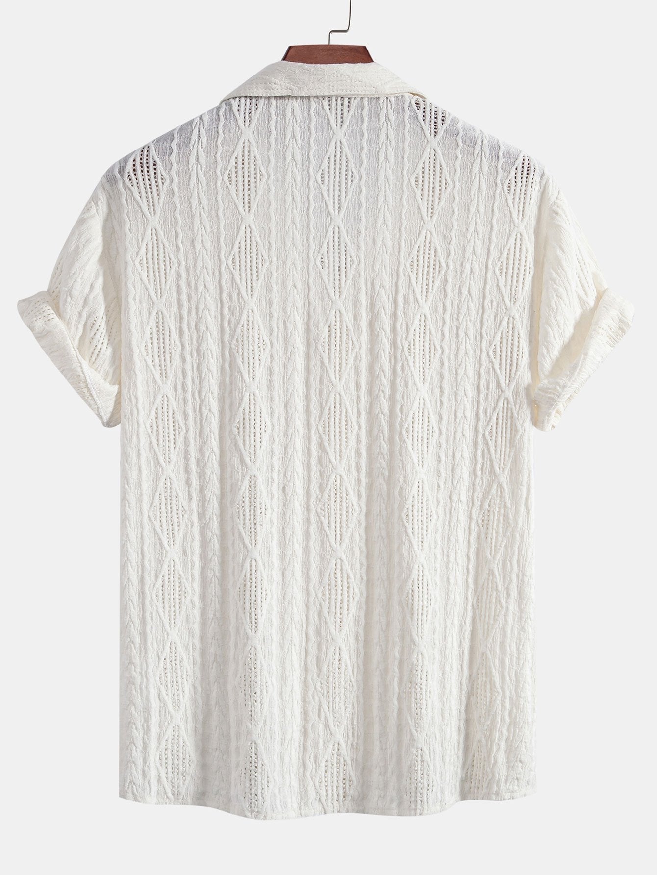 Geometric Jacquard Eyelet Cuban Shirt & Straight Leg Linen Pants — North Row | Collar Detail
