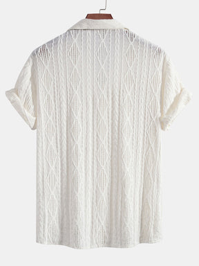 Geometric Jacquard Eyelet Cuban Shirt & Straight Leg Linen Pants — North Row | Collar Detail