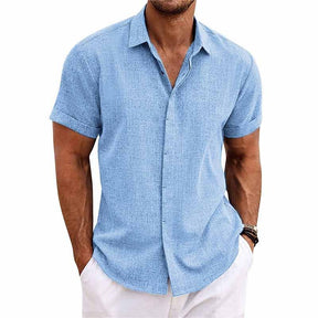 【24-hour shipping out】Men's Solid Color Lapel Cotton Linen Short Sleeve Shirt 82339241X — North Row | Close-Up