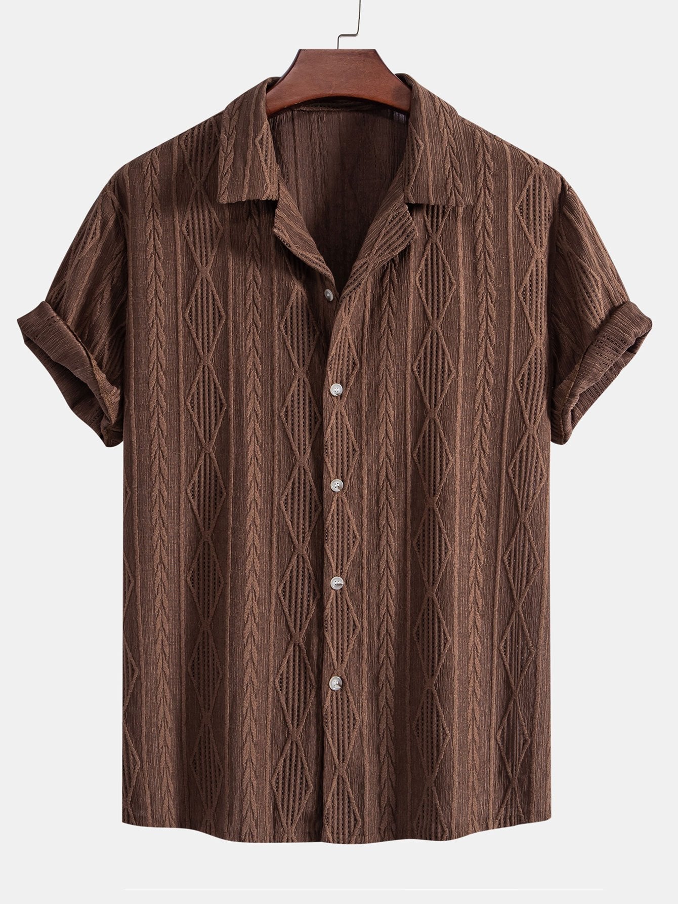 Geometric Jacquard Eyelet Cuban Shirt & Straight Leg Linen Pants — North Row | Close-Up