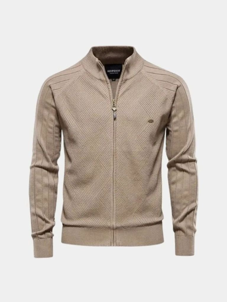 Knit Zipper Jacquard Solid Color Cardigan Sweater — North Row | Front View